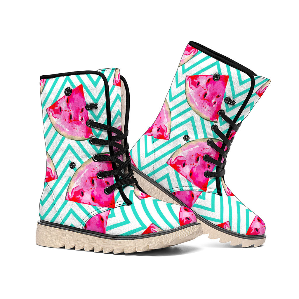 Teal Chevron Watermelon Pattern Print Winter Boots