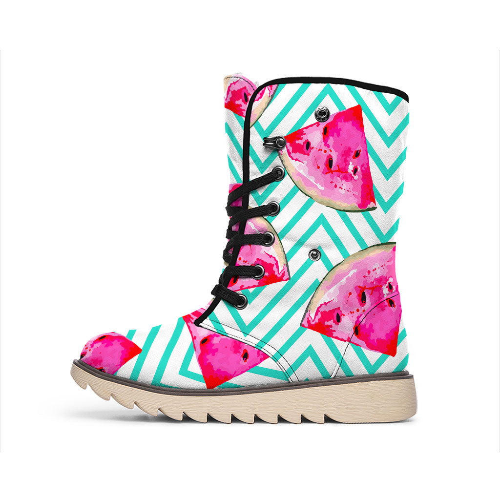 Teal Chevron Watermelon Pattern Print Winter Boots