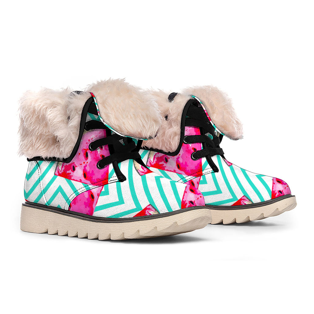 Teal Chevron Watermelon Pattern Print Winter Boots