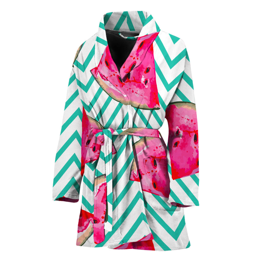 Teal Chevron Watermelon Pattern Print Women's Bathrobe