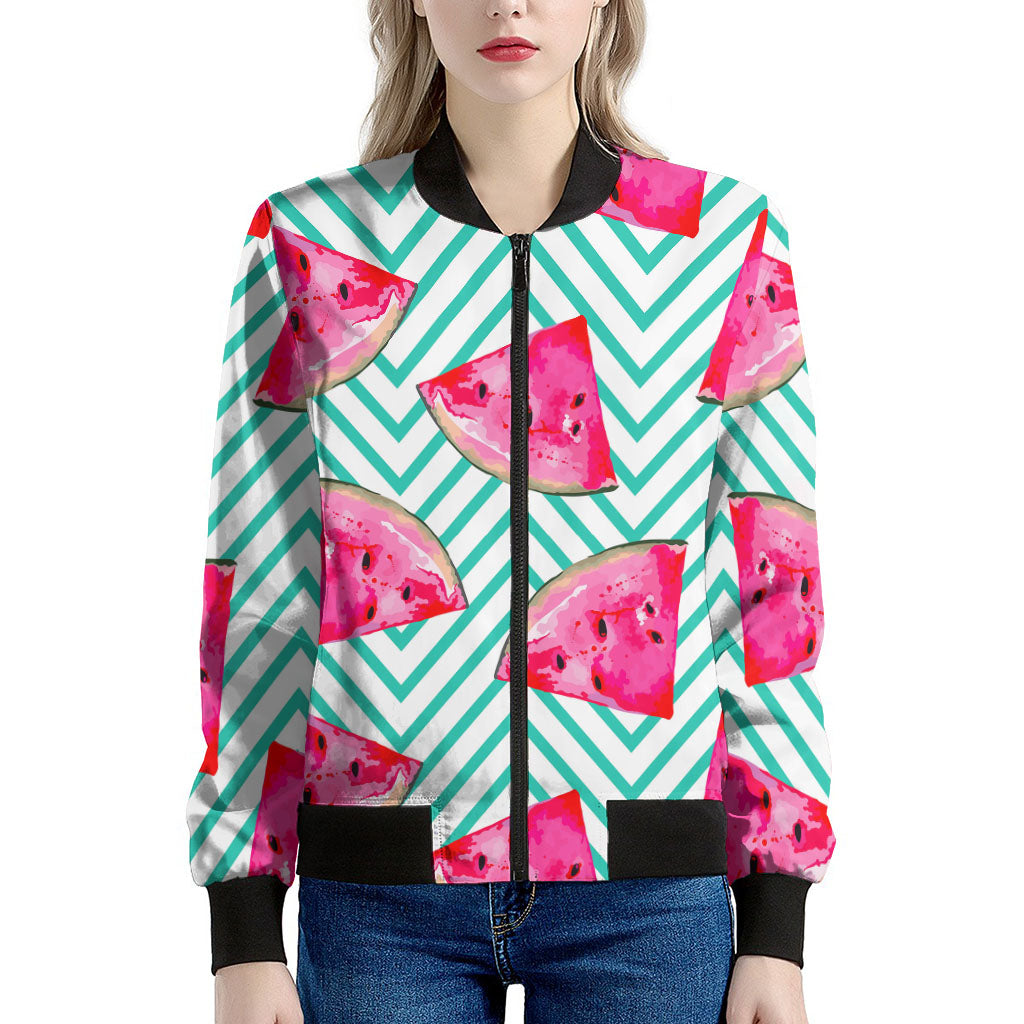Teal Chevron Watermelon Pattern Print Women's Bomber Jacket