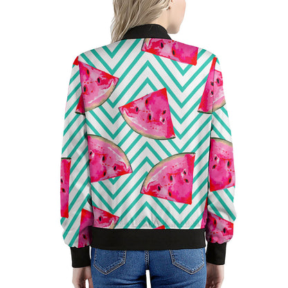 Teal Chevron Watermelon Pattern Print Women's Bomber Jacket