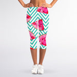 Teal Chevron Watermelon Pattern Print Women's Capri Leggings