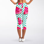 Teal Chevron Watermelon Pattern Print Women's Capri Leggings