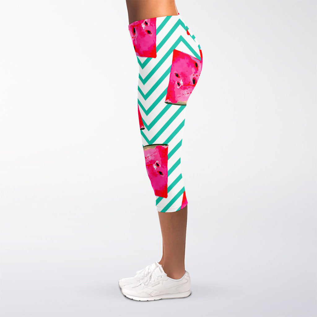 Teal Chevron Watermelon Pattern Print Women's Capri Leggings