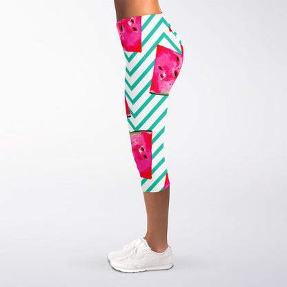 Teal Chevron Watermelon Pattern Print Women's Capri Leggings