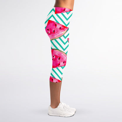 Teal Chevron Watermelon Pattern Print Women's Capri Leggings