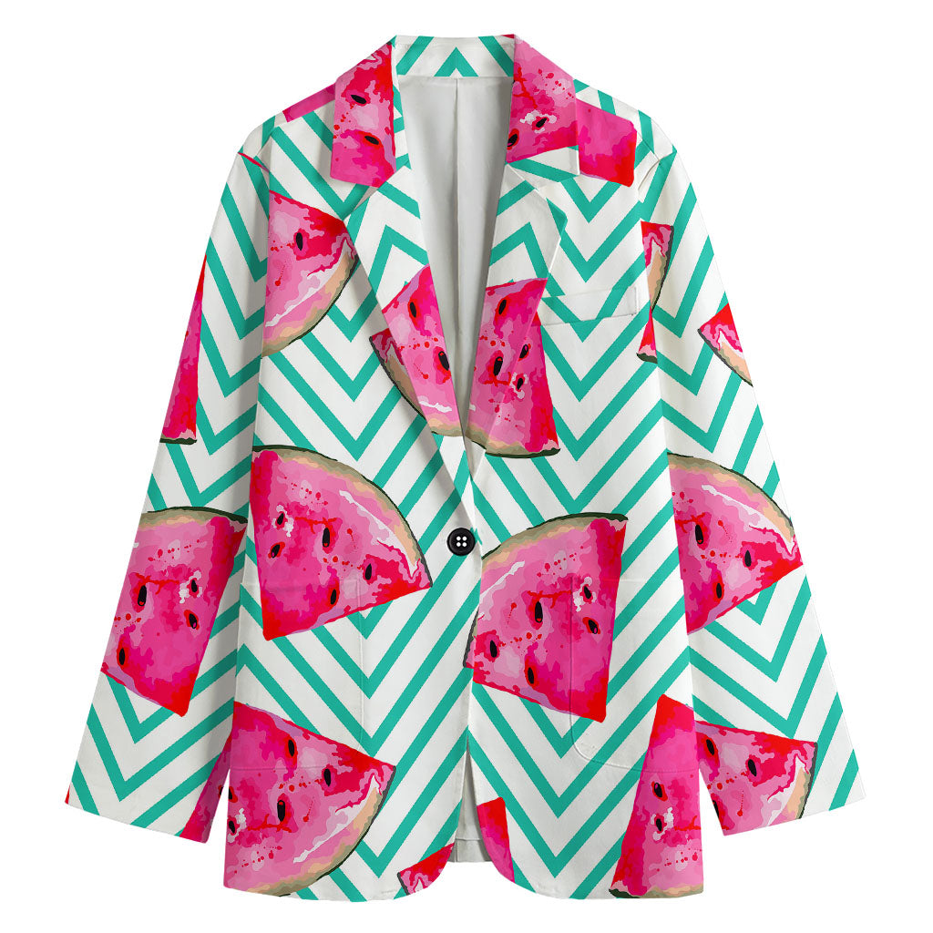 Teal Chevron Watermelon Pattern Print Women's Cotton Blazer