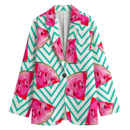 Teal Chevron Watermelon Pattern Print Women's Cotton Blazer