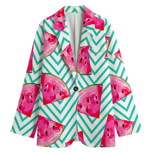 Teal Chevron Watermelon Pattern Print Women's Cotton Blazer