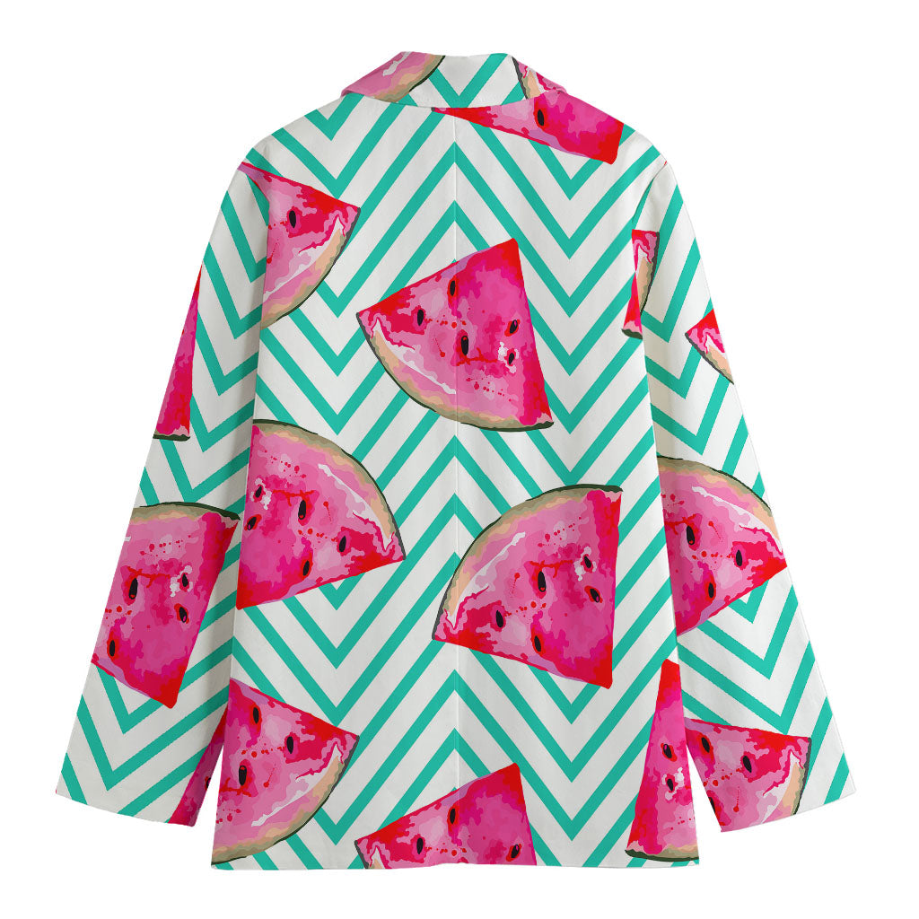 Teal Chevron Watermelon Pattern Print Women's Cotton Blazer