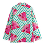 Teal Chevron Watermelon Pattern Print Women's Cotton Blazer