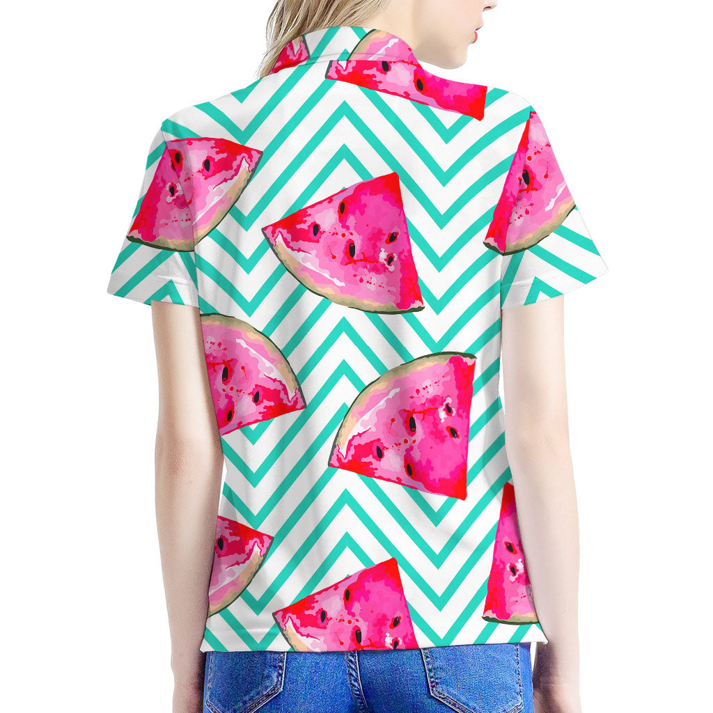 Teal Chevron Watermelon Pattern Print Women's Polo Shirt