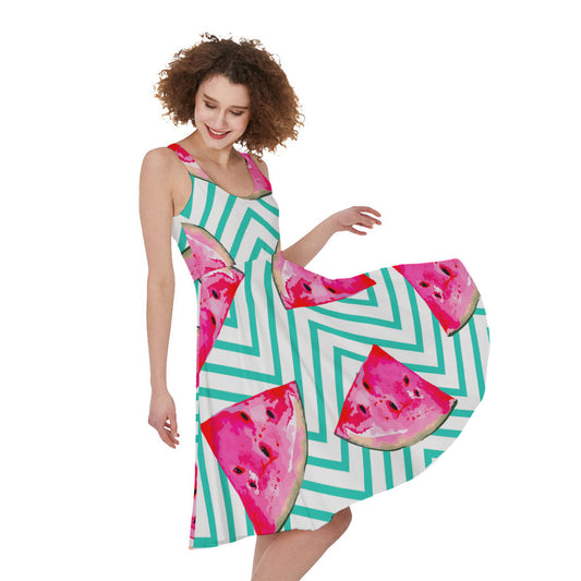 Teal Chevron Watermelon Pattern Print Women's Sleeveless Dress