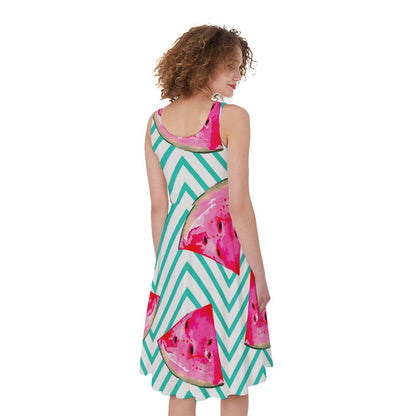 Teal Chevron Watermelon Pattern Print Women's Sleeveless Dress
