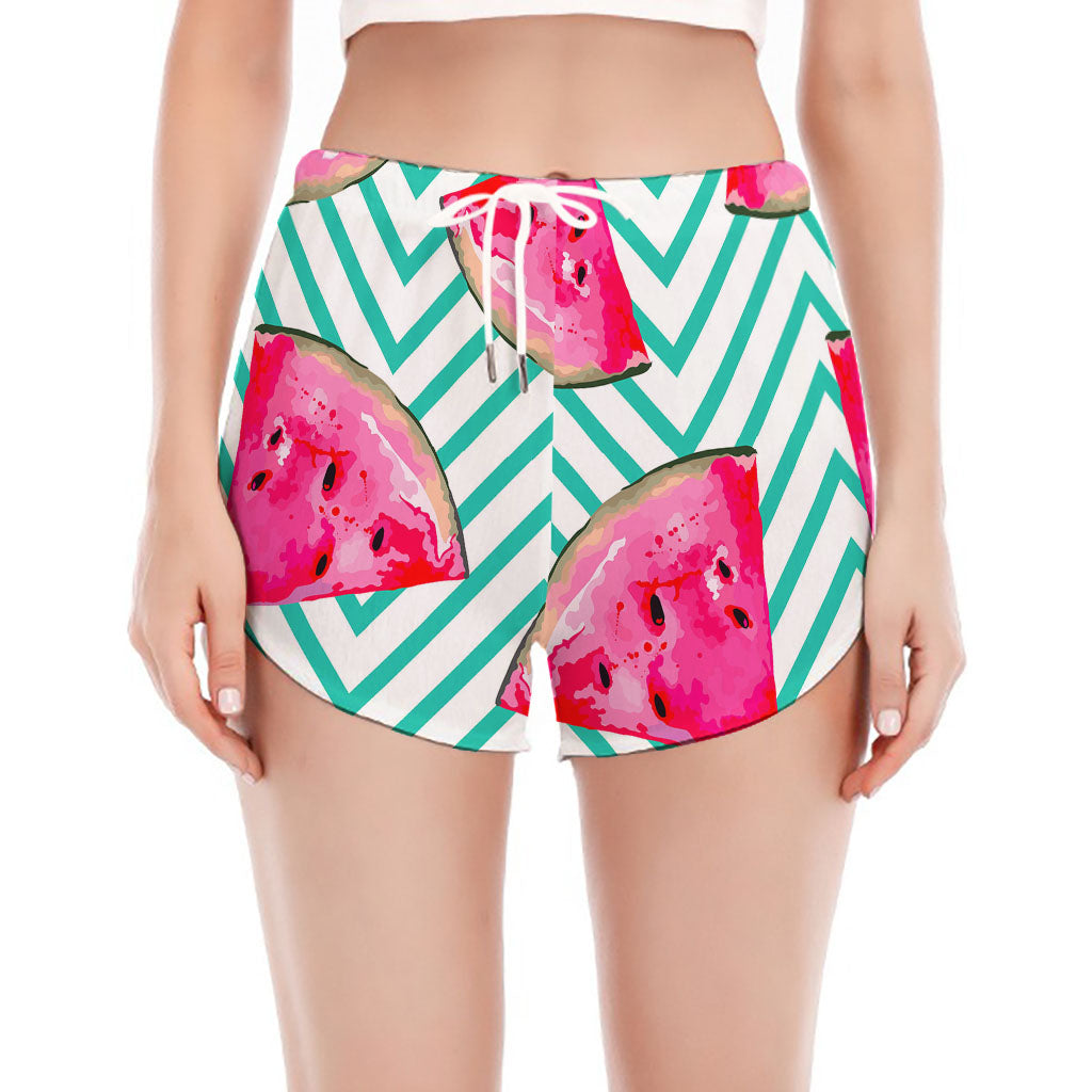 Teal Chevron Watermelon Pattern Print Women's Split Running Shorts