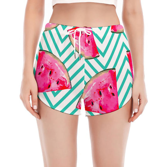 Teal Chevron Watermelon Pattern Print Women's Split Running Shorts