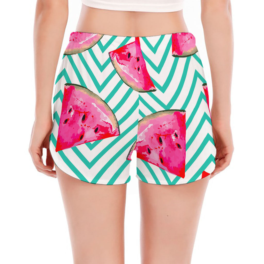 Teal Chevron Watermelon Pattern Print Women's Split Running Shorts