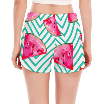 Teal Chevron Watermelon Pattern Print Women's Split Running Shorts