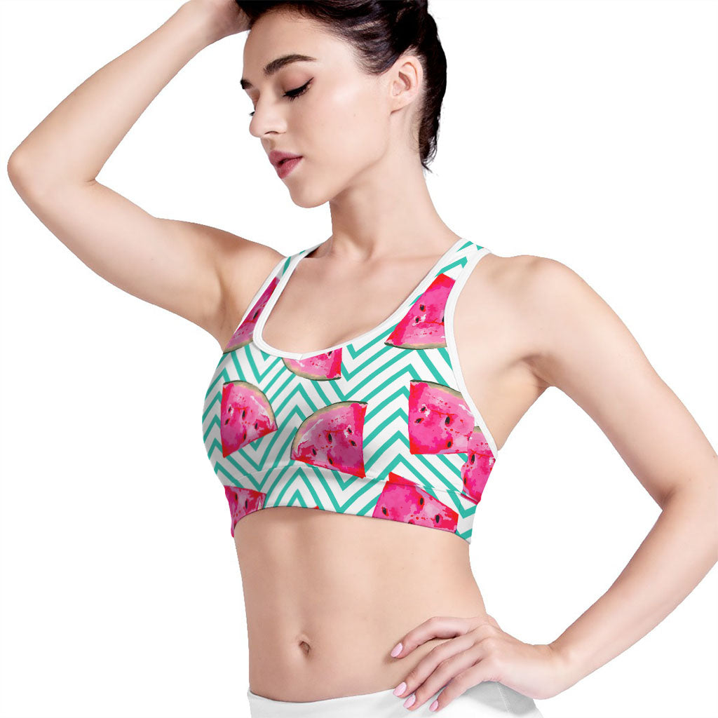 Teal Chevron Watermelon Pattern Print Women's Sports Bra