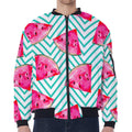 Teal Chevron Watermelon Pattern Print Zip Sleeve Bomber Jacket