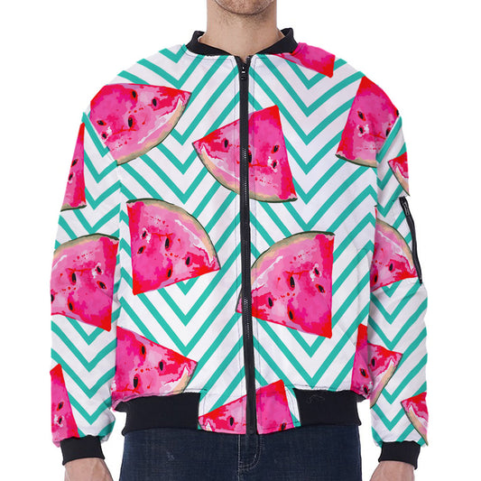 Teal Chevron Watermelon Pattern Print Zip Sleeve Bomber Jacket