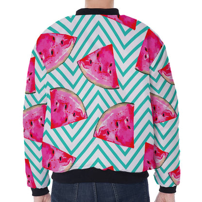 Teal Chevron Watermelon Pattern Print Zip Sleeve Bomber Jacket