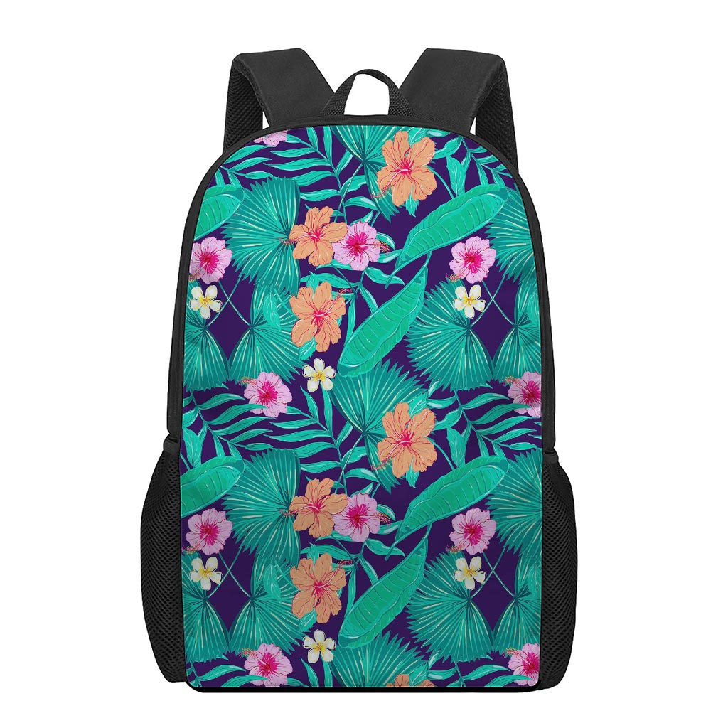 Teal Hawaiian Leaf Flower Pattern Print 17 Inch Backpack