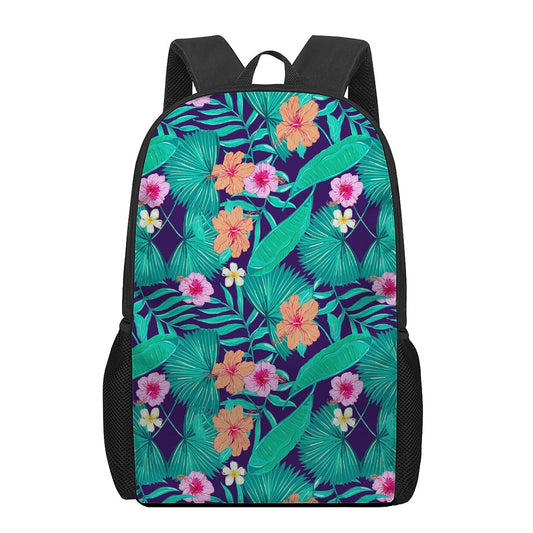 Teal Hawaiian Leaf Flower Pattern Print 17 Inch Backpack