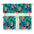 Teal Hawaiian Leaf Flower Pattern Print 3 Piece Kitchen Curtains
