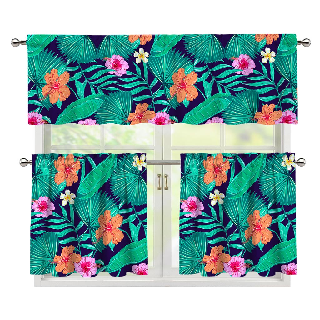 Teal Hawaiian Leaf Flower Pattern Print 3 Piece Kitchen Curtains