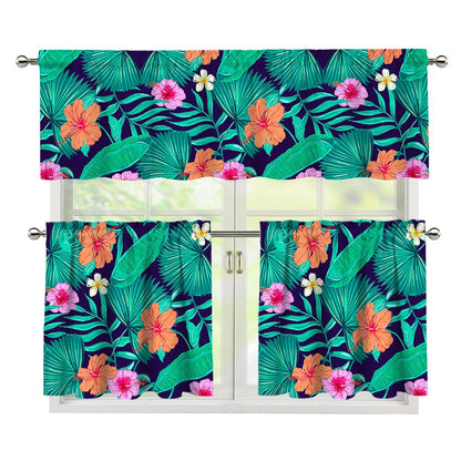 Teal Hawaiian Leaf Flower Pattern Print 3 Piece Kitchen Curtains