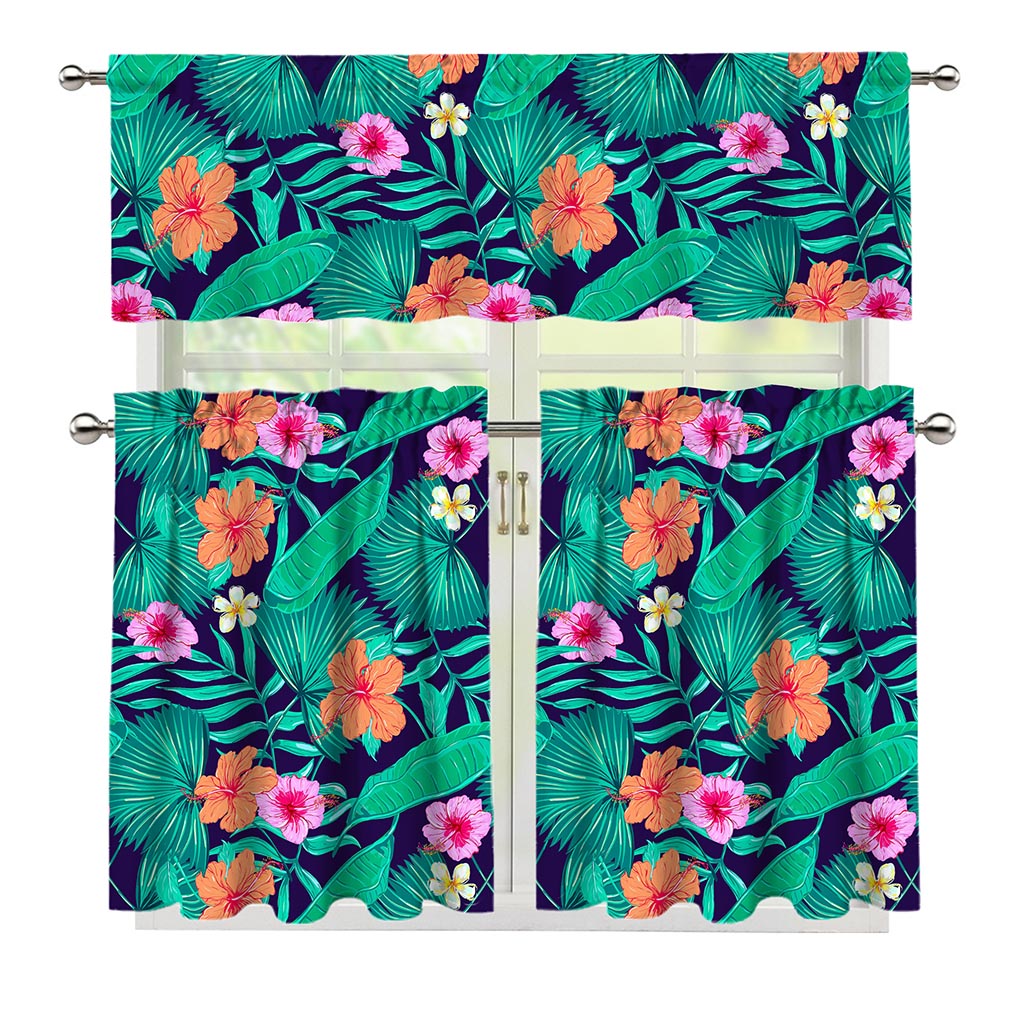 Teal Hawaiian Leaf Flower Pattern Print 3 Piece Kitchen Curtains