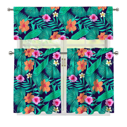 Teal Hawaiian Leaf Flower Pattern Print 3 Piece Kitchen Curtains