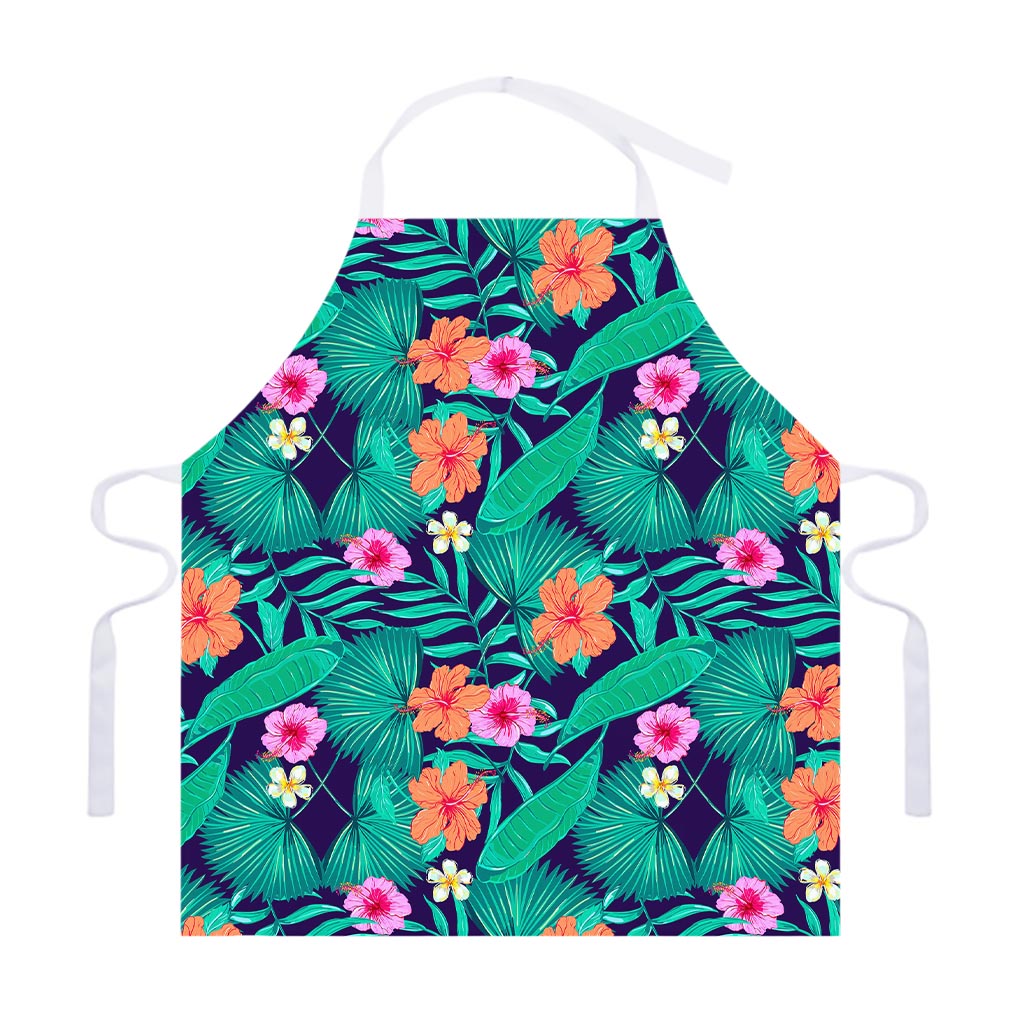 Teal Hawaiian Leaf Flower Pattern Print Adjustable Apron