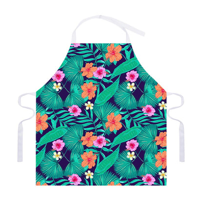 Teal Hawaiian Leaf Flower Pattern Print Adjustable Apron