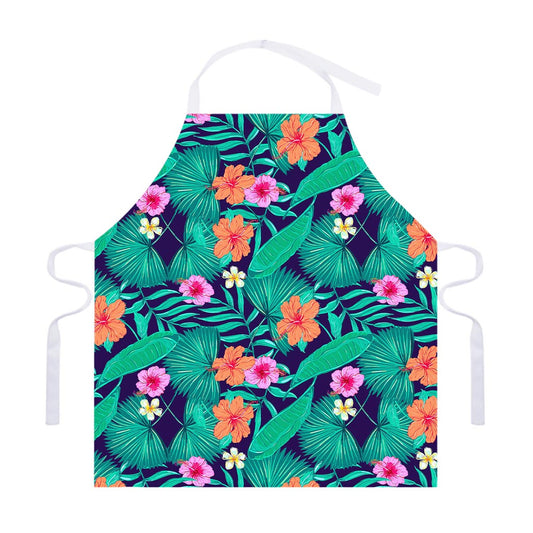 Teal Hawaiian Leaf Flower Pattern Print Adjustable Apron