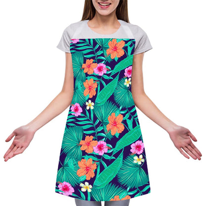 Teal Hawaiian Leaf Flower Pattern Print Adjustable Apron