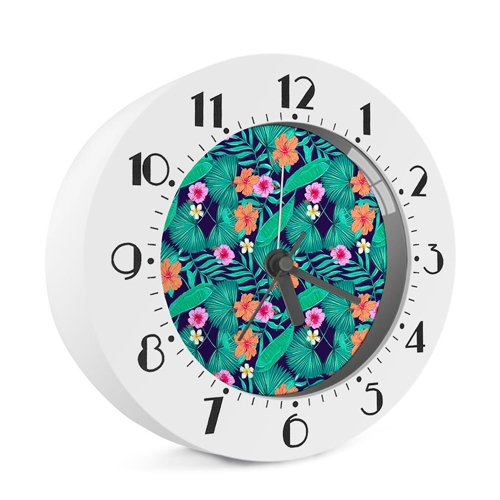 Teal Hawaiian Leaf Flower Pattern Print Alarm Clock
