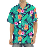 Teal Hawaiian Leaf Flower Pattern Print Aloha Shirt