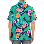 Teal Hawaiian Leaf Flower Pattern Print Aloha Shirt