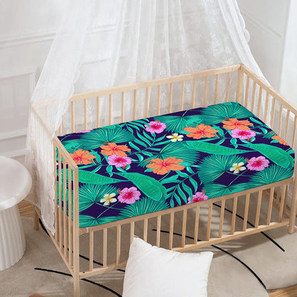 Teal Hawaiian Leaf Flower Pattern Print Baby Crib Sheet