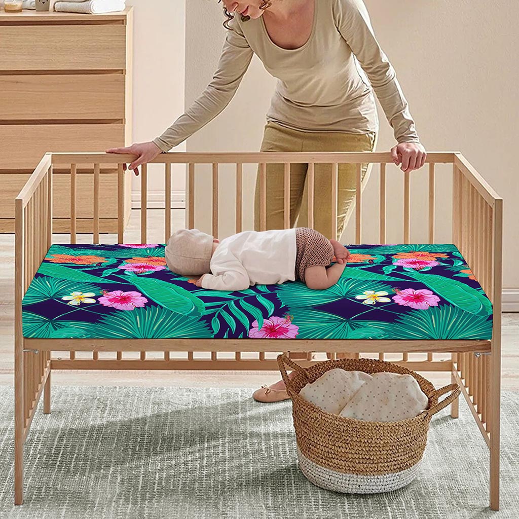 Teal Hawaiian Leaf Flower Pattern Print Baby Crib Sheet