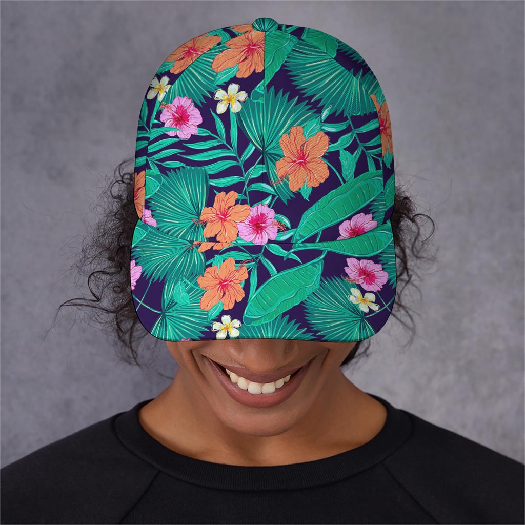 Teal Hawaiian Leaf Flower Pattern Print Baseball Cap