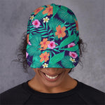 Teal Hawaiian Leaf Flower Pattern Print Baseball Cap