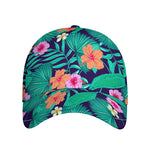 Teal Hawaiian Leaf Flower Pattern Print Baseball Cap
