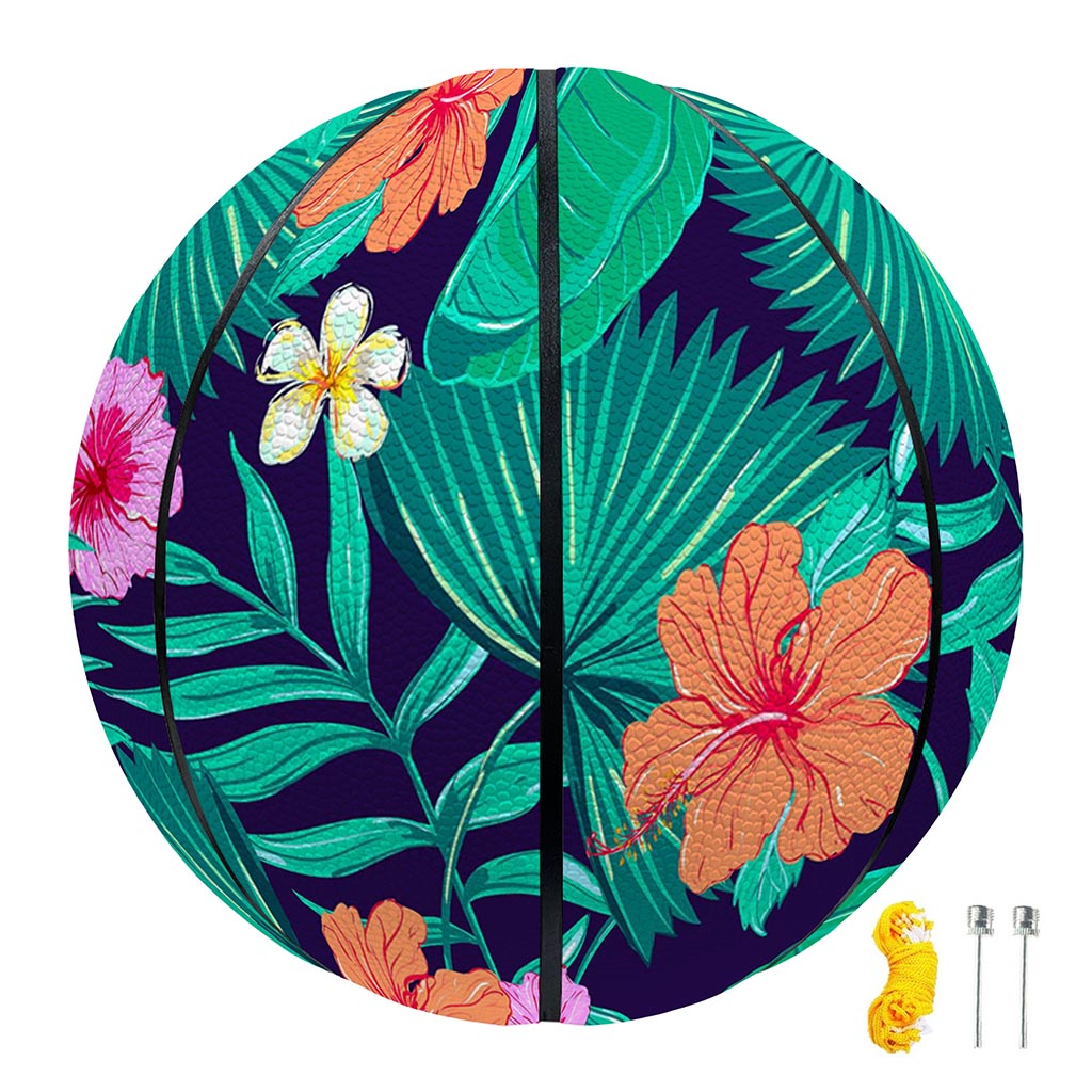 Teal Hawaiian Leaf Flower Pattern Print Basketball