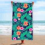 Teal Hawaiian Leaf Flower Pattern Print Beach Towel