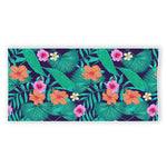 Teal Hawaiian Leaf Flower Pattern Print Beach Towel