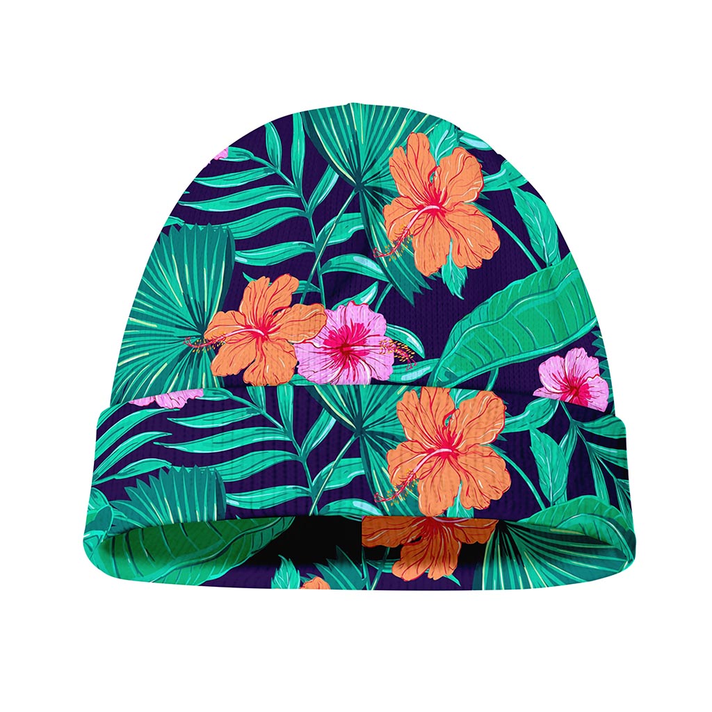 Teal Hawaiian Leaf Flower Pattern Print Beanie